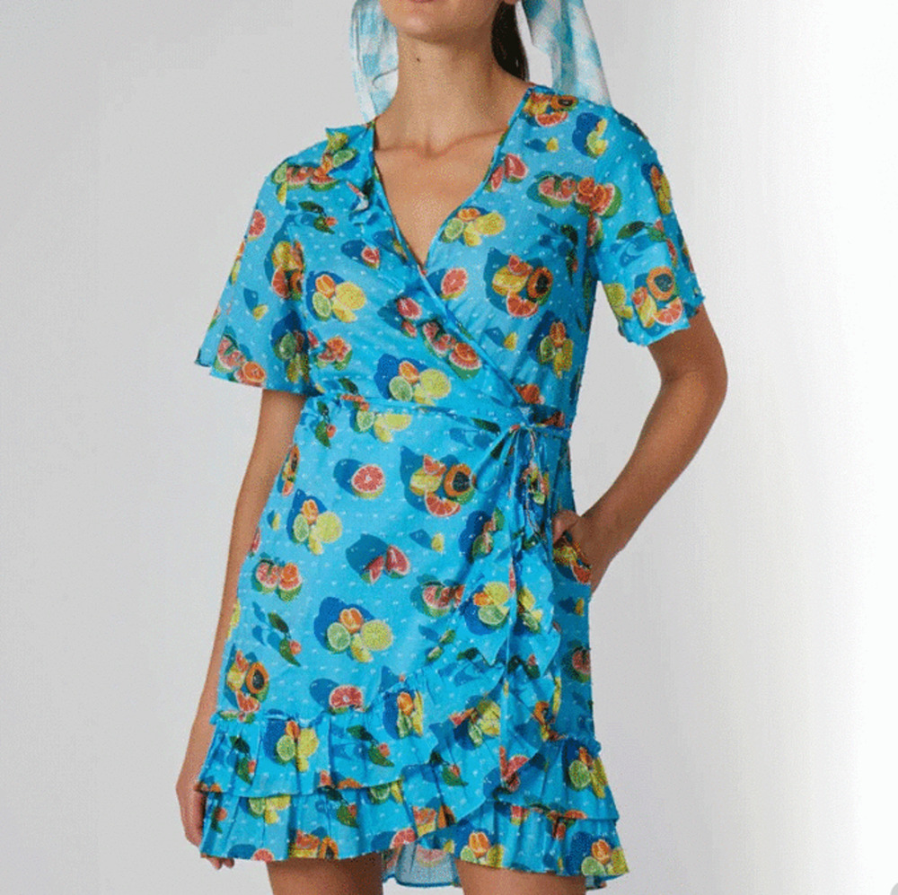 Rachel Antonoff Blue Wrap Mini Dress with Fruit Print